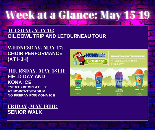 Schedule for May 15-19